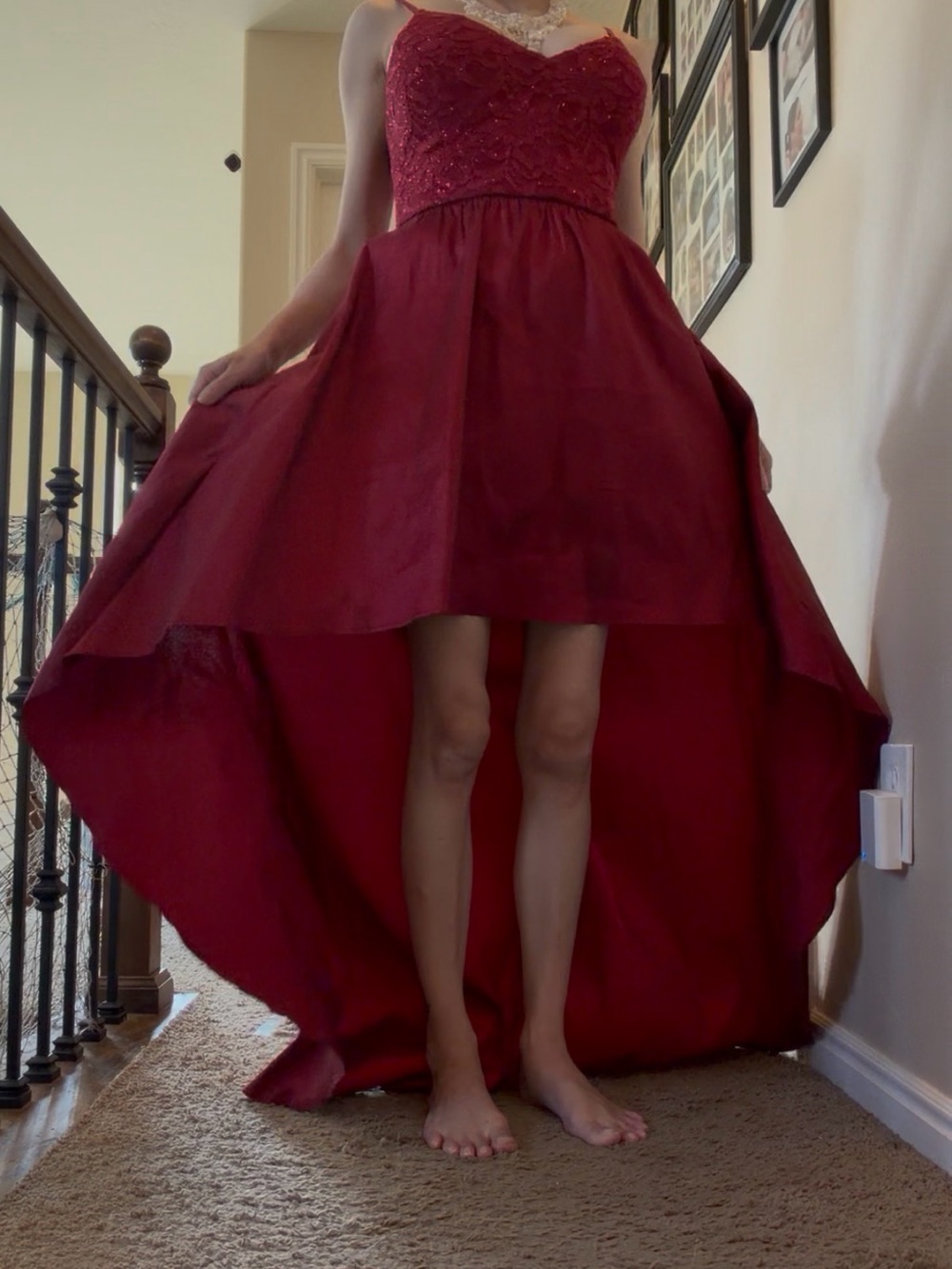 B. Smart Burgundy High-Low Beaded Bodice Dress